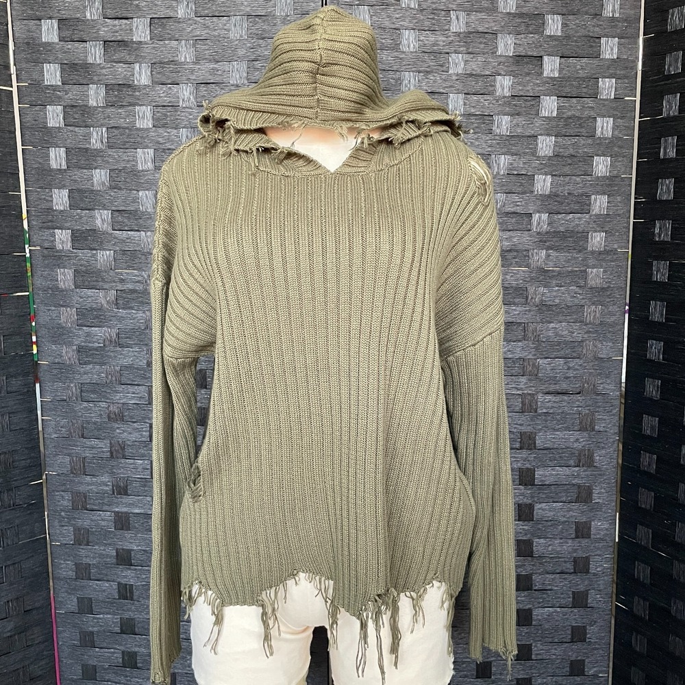 Gilded Intent Oversize S Intent Distressed Ribbed Knit Hoodie Olive Green Fringe